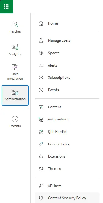 a screenshot of the administration activity center menu in Qlik Cloud.