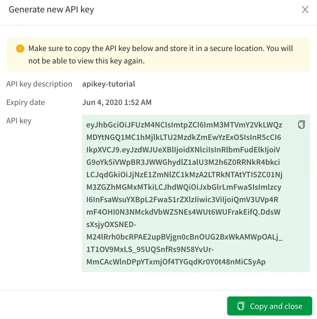 a screenshot of the generated key in the generate new key configuration screen.