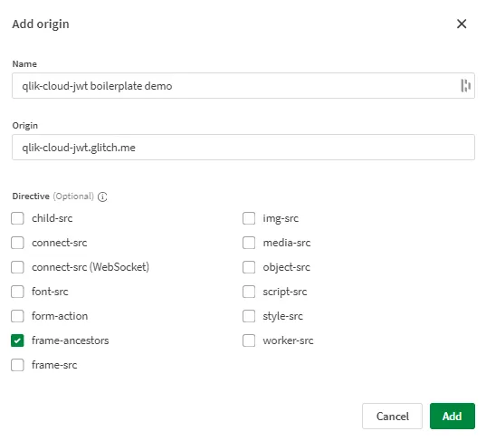 a screenshot of the content security policy configuration menu in Qlik Cloud.